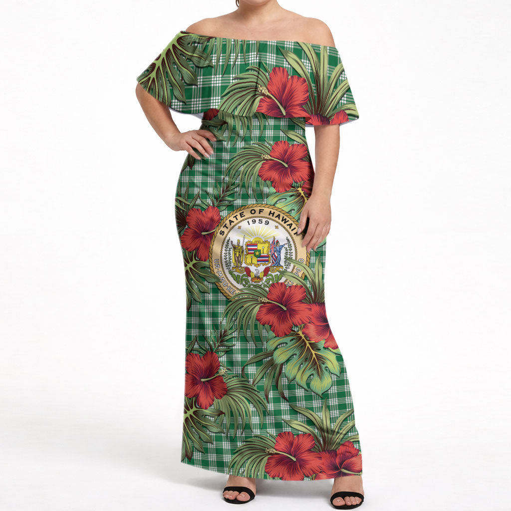 Vintage Hawaii Hibiscus Palaka Off Shoulder Maxi Dress Green Color LT19 Women Green - Polynesian Pride