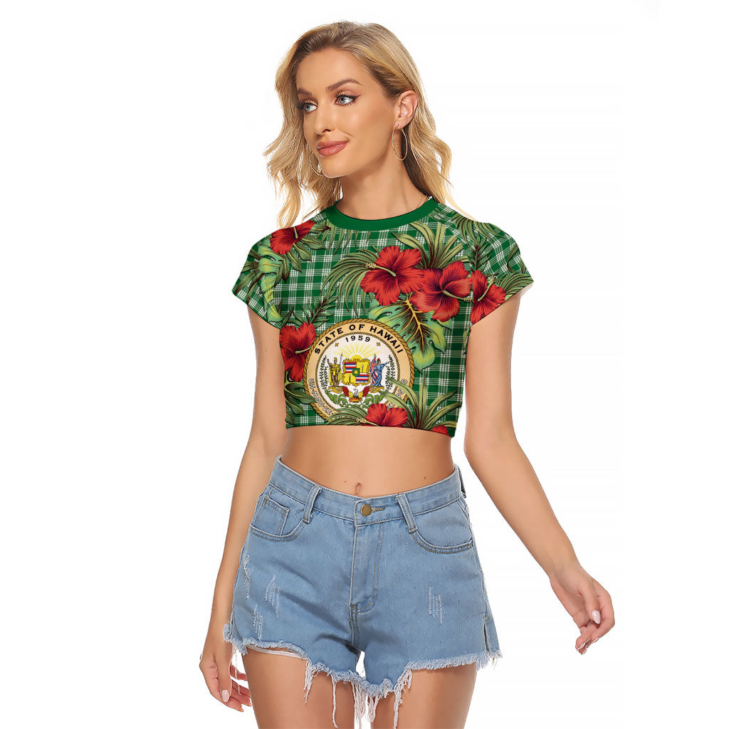 Vintage Hawaii Hibiscus Palaka Raglan Cropped T Shirt Green Color LT19 Female Green - Polynesian Pride