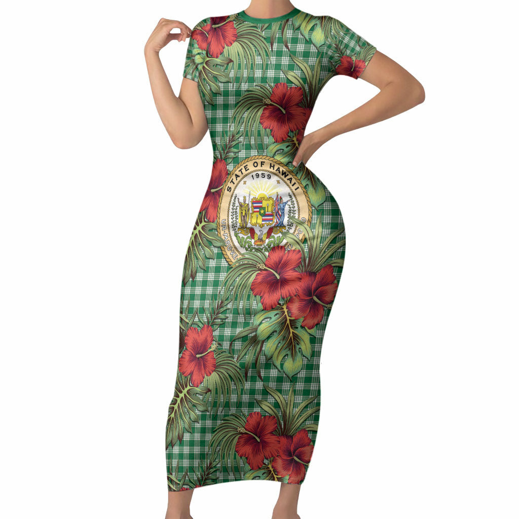 Vintage Hawaii Hibiscus Palaka Short Sleeve Bodycon Dress Green Color LT19 Long Dress Green - Polynesian Pride