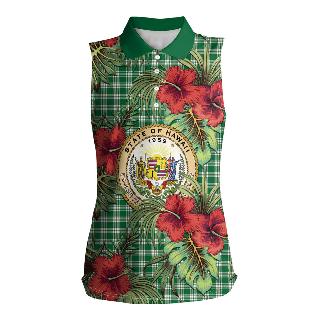 Vintage Hawaii Hibiscus Palaka Women Sleeveless Polo Shirt Green Color LT19 Female Green - Polynesian Pride