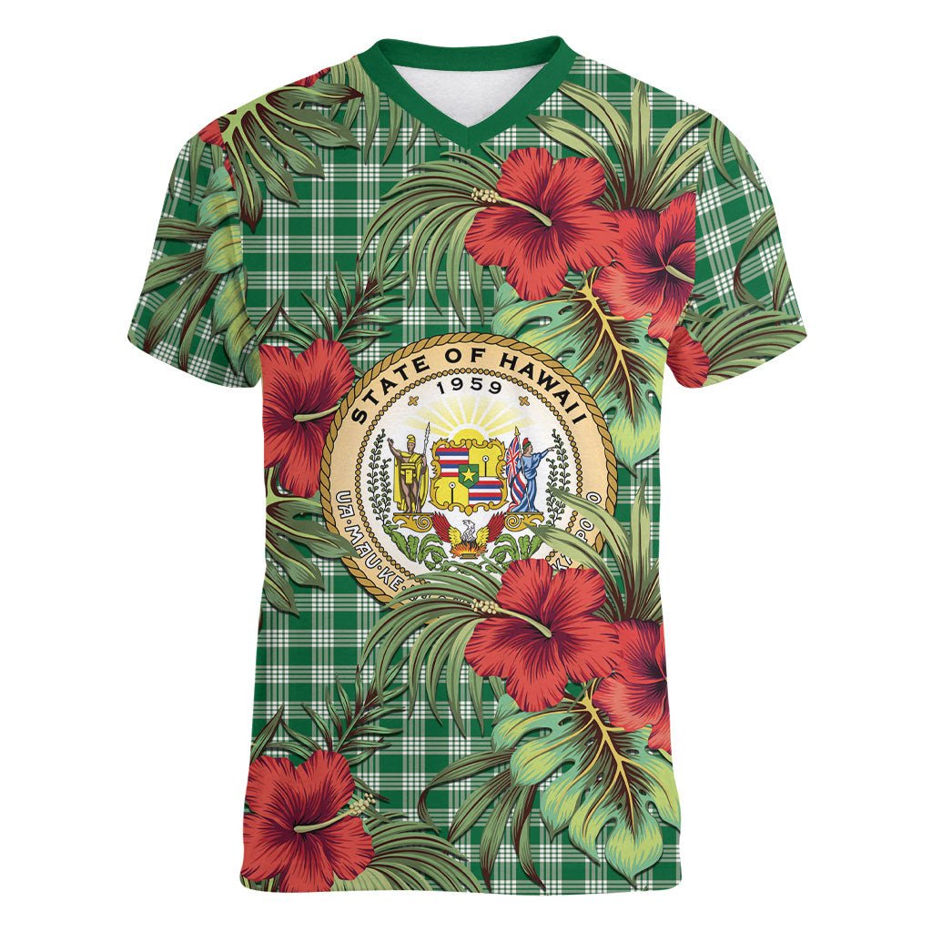 Vintage Hawaii Hibiscus Palaka Women V-Neck T-Shirt Green Color LT19 Female Green - Polynesian Pride