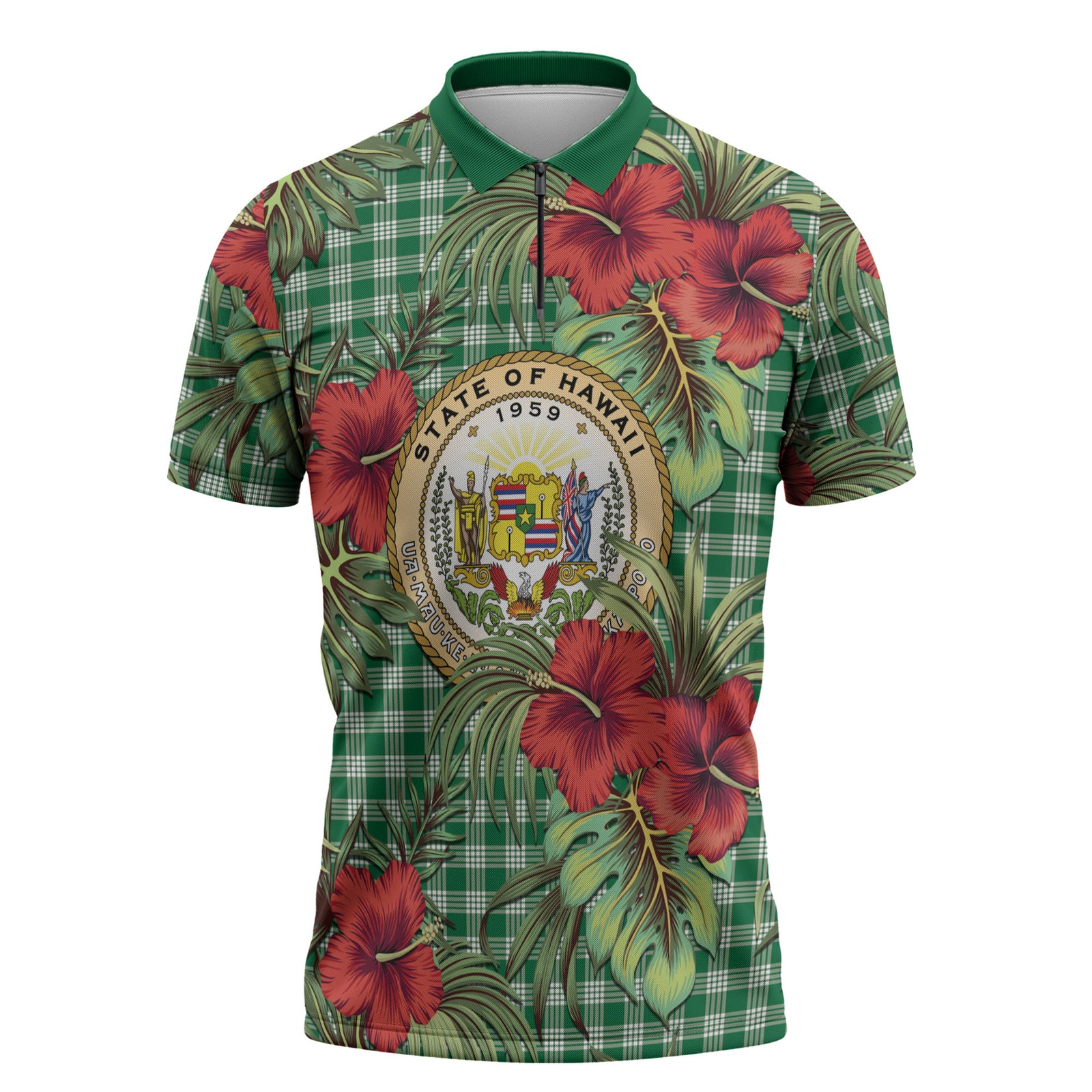 Vintage Hawaii Hibiscus Palaka Zipper Polo Shirt Green Color LT19 Green - Polynesian Pride