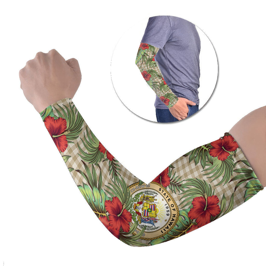 Vintage Hawaii Hibiscus Palaka Arm Sleeves Khaki Color LT19 Set of 2 Khaki - Polynesian Pride