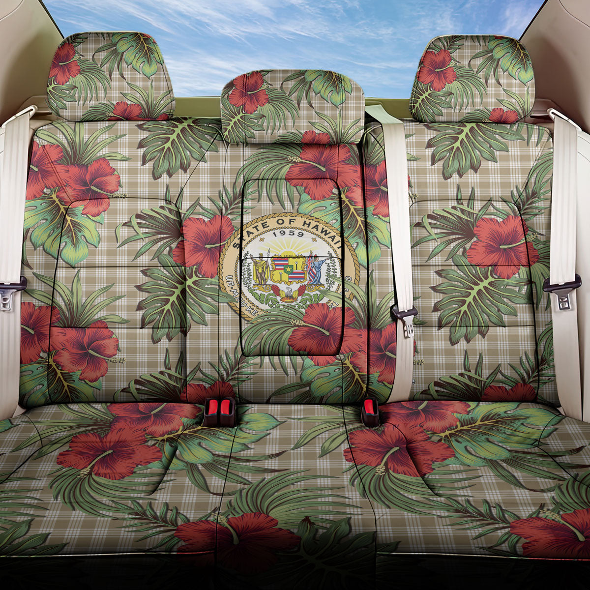Vintage Hawaii Hibiscus Palaka Back Car Seat Cover Khaki Color LT19 One Size Khaki - Polynesian Pride