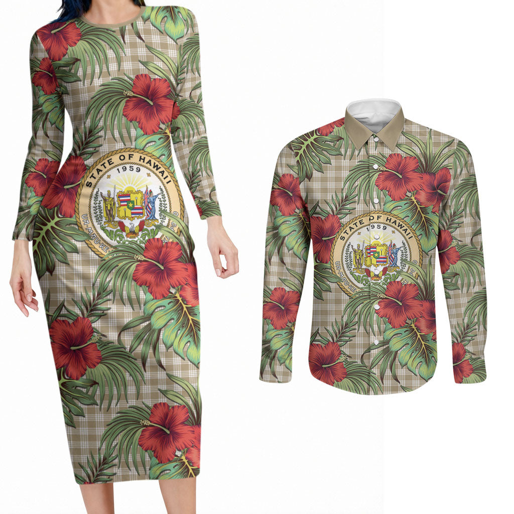 Vintage Hawaii Hibiscus Palaka Couples Matching Long Sleeve Bodycon Dress and Long Sleeve Button Shirt Khaki Color LT19 Khaki - Polynesian Pride