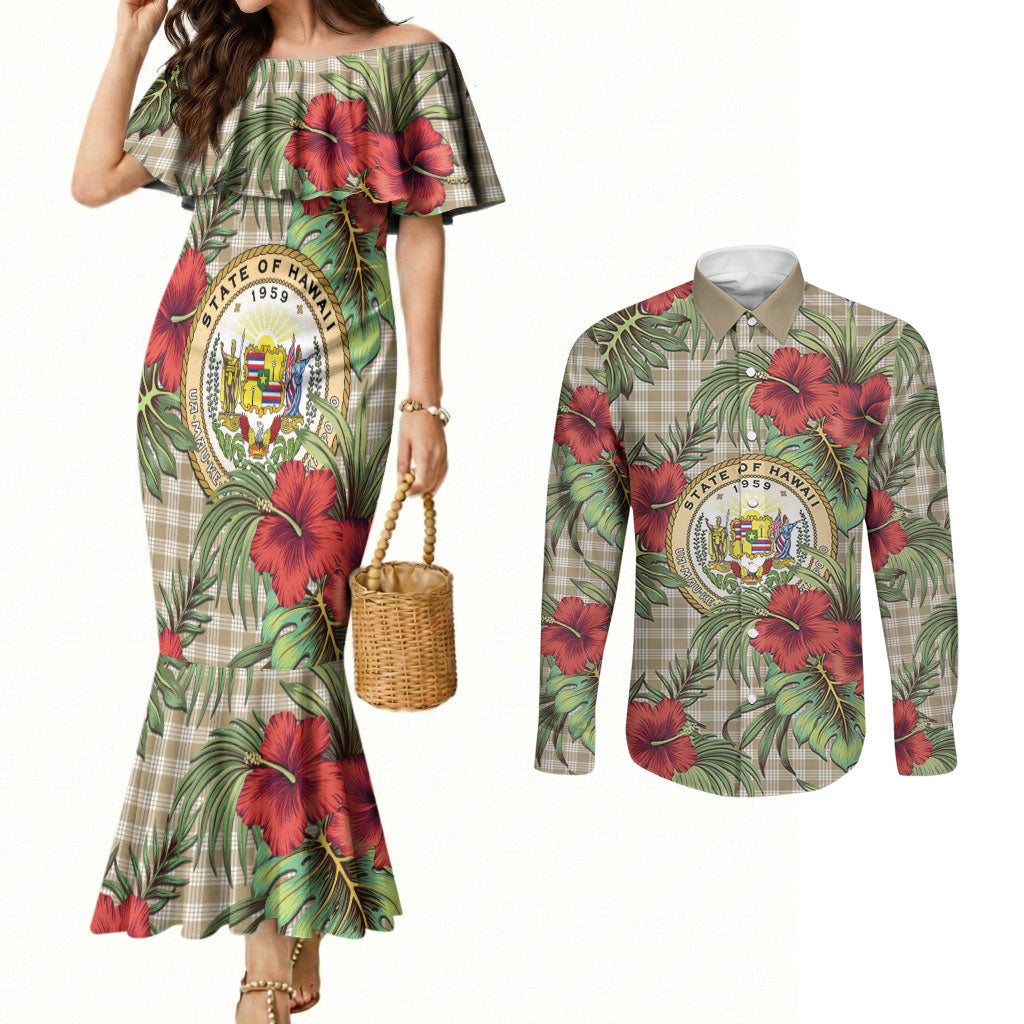 Vintage Hawaii Hibiscus Palaka Couples Matching Mermaid Dress and Long Sleeve Button Shirt Khaki Color LT19 Khaki - Polynesian Pride