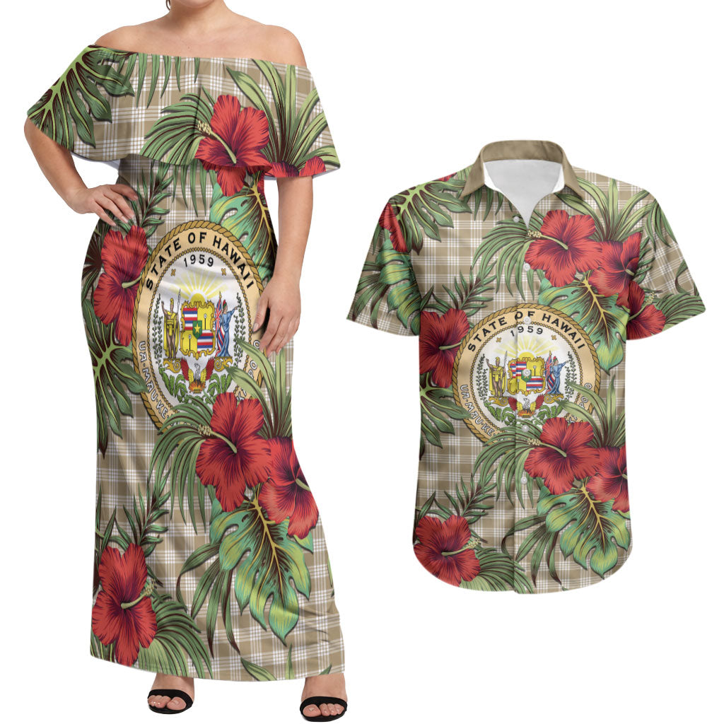 Vintage Hawaii Hibiscus Palaka Couples Matching Off Shoulder Maxi Dress and Hawaiian Shirt Khaki Color LT19 Khaki - Polynesian Pride