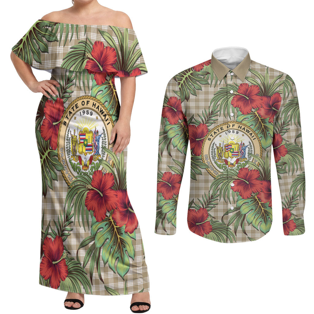 Vintage Hawaii Hibiscus Palaka Couples Matching Off Shoulder Maxi Dress and Long Sleeve Button Shirt Khaki Color LT19 Khaki - Polynesian Pride