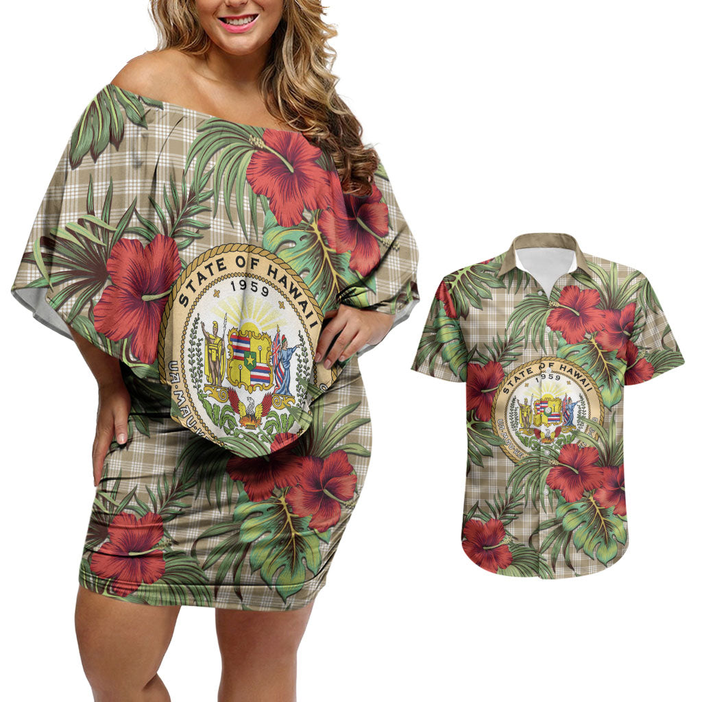 Vintage Hawaii Hibiscus Palaka Couples Matching Off Shoulder Short Dress and Hawaiian Shirt Khaki Color LT19 Khaki - Polynesian Pride