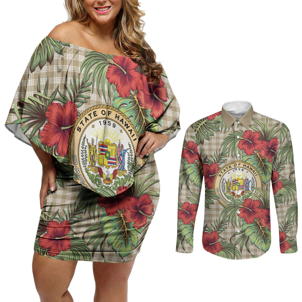 Vintage Hawaii Hibiscus Palaka Couples Matching Off Shoulder Short Dress and Long Sleeve Button Shirt Khaki Color LT19 Khaki - Polynesian Pride
