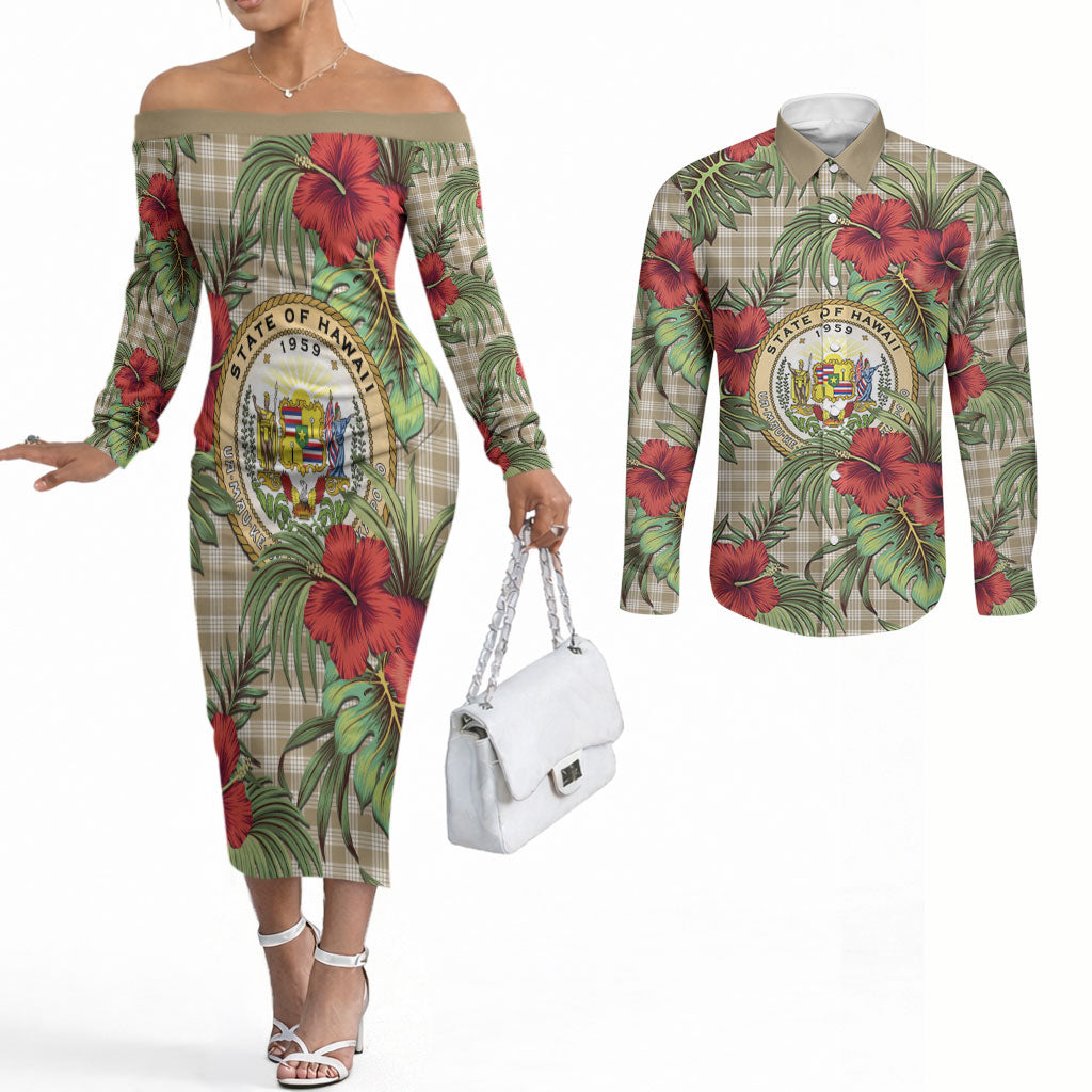 Vintage Hawaii Hibiscus Palaka Couples Matching Off The Shoulder Long Sleeve Dress and Long Sleeve Button Shirt Khaki Color LT19 Khaki - Polynesian Pride