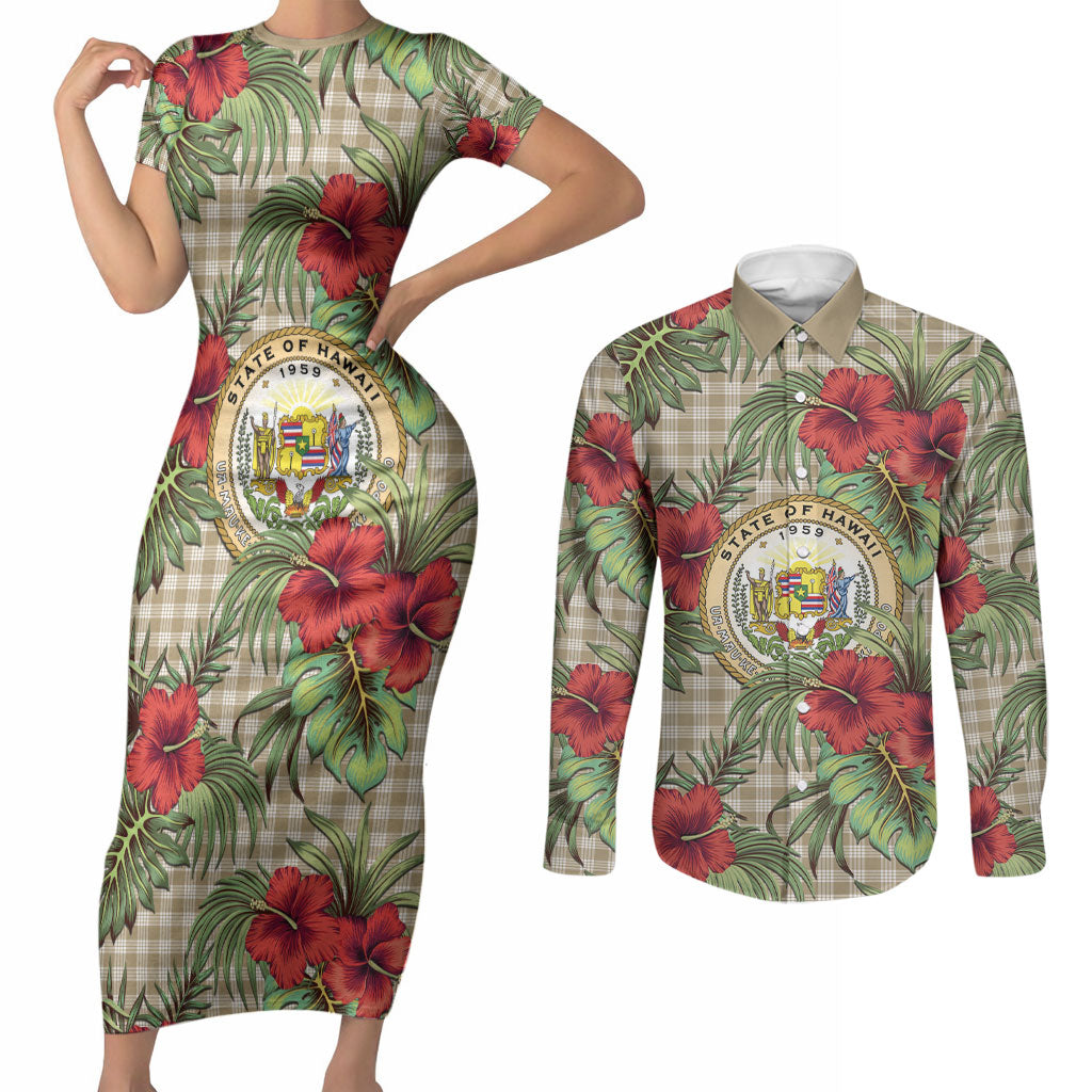 Vintage Hawaii Hibiscus Palaka Couples Matching Short Sleeve Bodycon Dress and Long Sleeve Button Shirt Khaki Color LT19 Khaki - Polynesian Pride