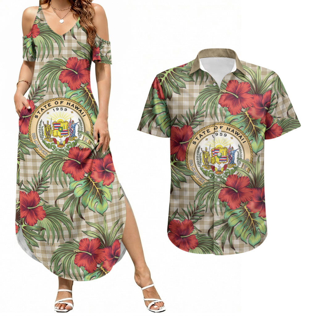 Vintage Hawaii Hibiscus Palaka Couples Matching Summer Maxi Dress and Hawaiian Shirt Khaki Color LT19 Khaki - Polynesian Pride