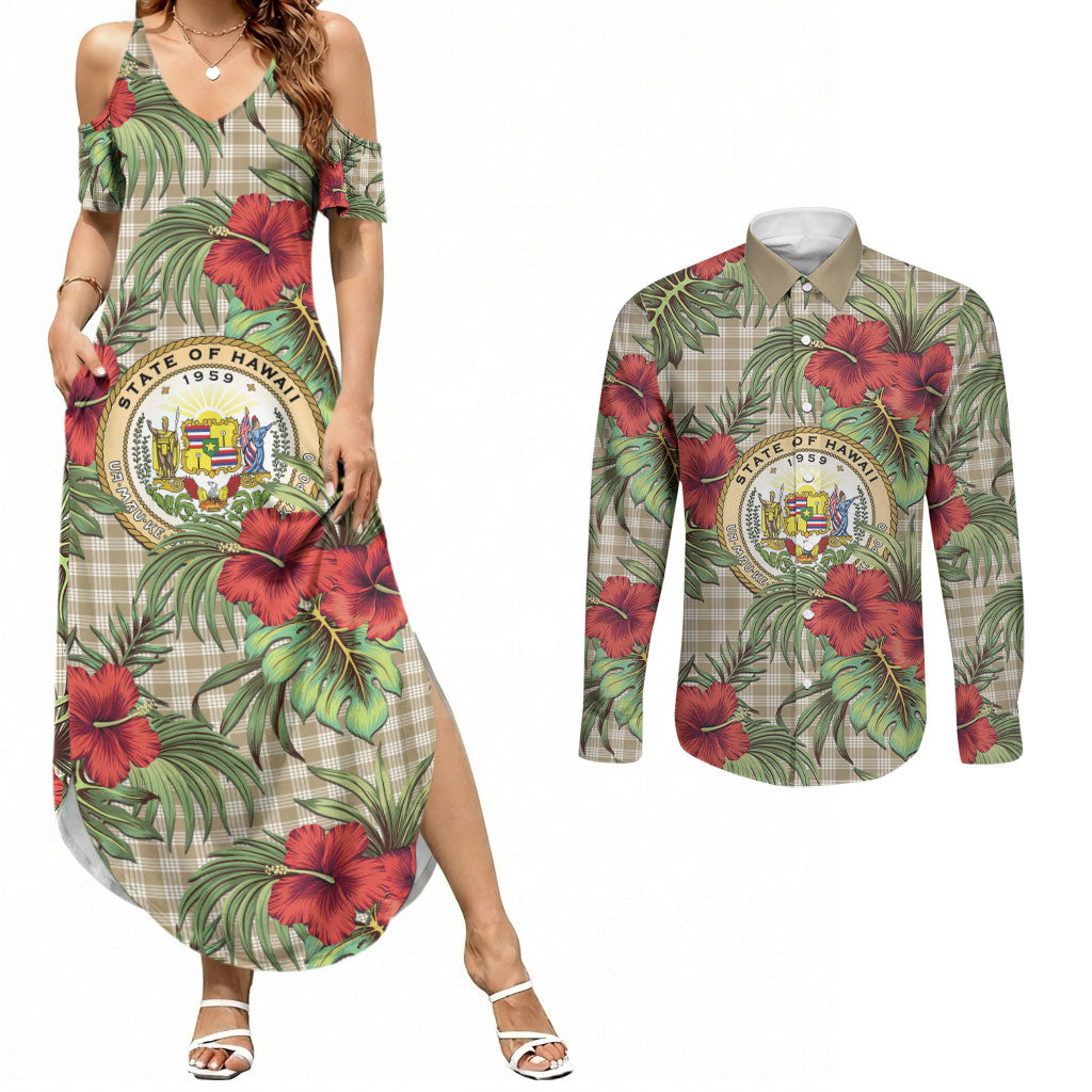 Vintage Hawaii Hibiscus Palaka Couples Matching Summer Maxi Dress and Long Sleeve Button Shirt Khaki Color LT19 Khaki - Polynesian Pride