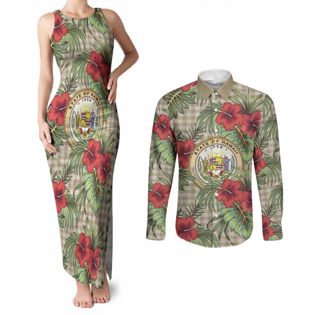 Vintage Hawaii Hibiscus Palaka Couples Matching Tank Maxi Dress and Long Sleeve Button Shirt Khaki Color LT19 Khaki - Polynesian Pride