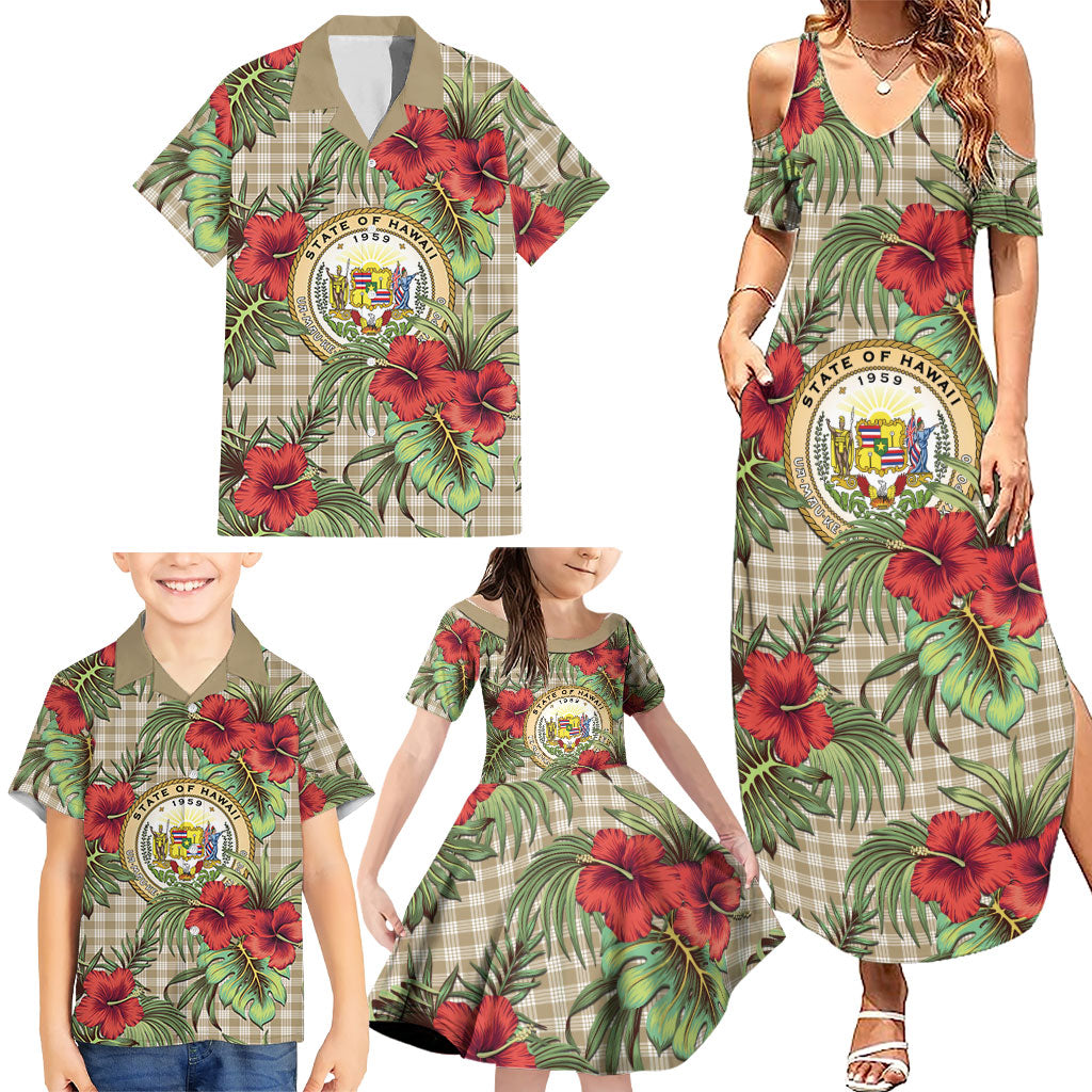 Vintage Hawaii Hibiscus Palaka Family Matching Summer Maxi Dress and Hawaiian Shirt Khaki Color