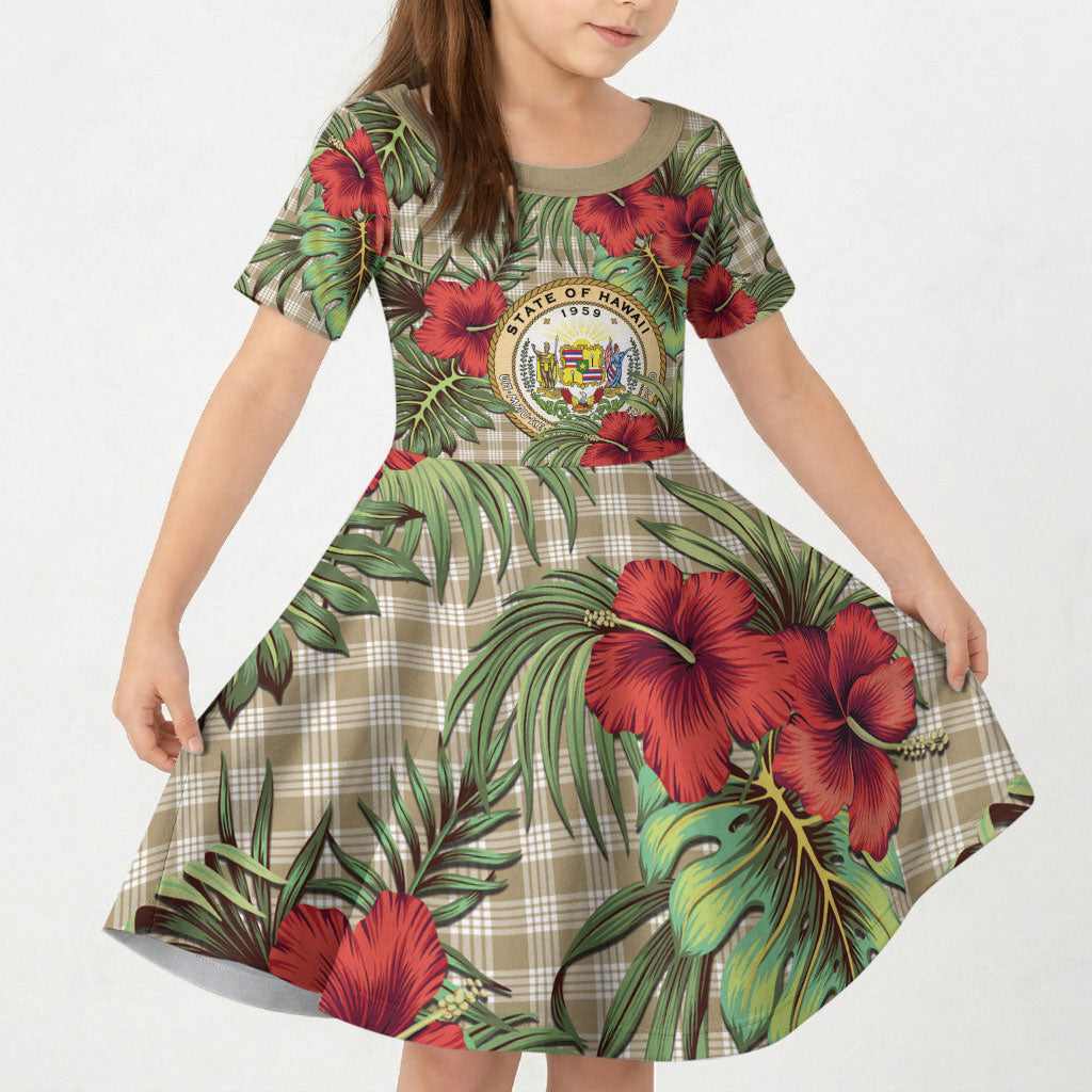 Vintage Hawaii Hibiscus Palaka Kid Short Sleeve Dress Khaki Color LT19 KID Khaki - Polynesian Pride
