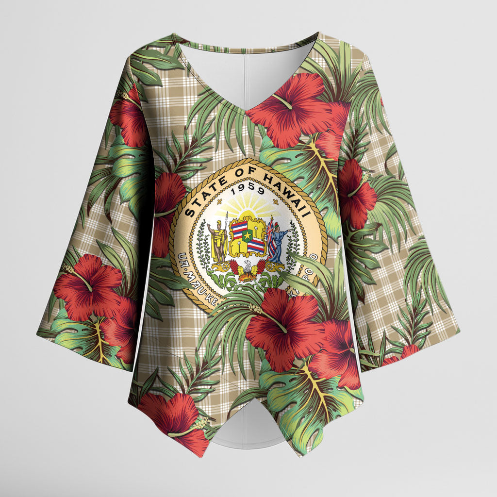 Vintage Hawaii Hibiscus Palaka Kimono Sleeve Blouse Khaki Color LT19 Female Khaki - Polynesian Pride