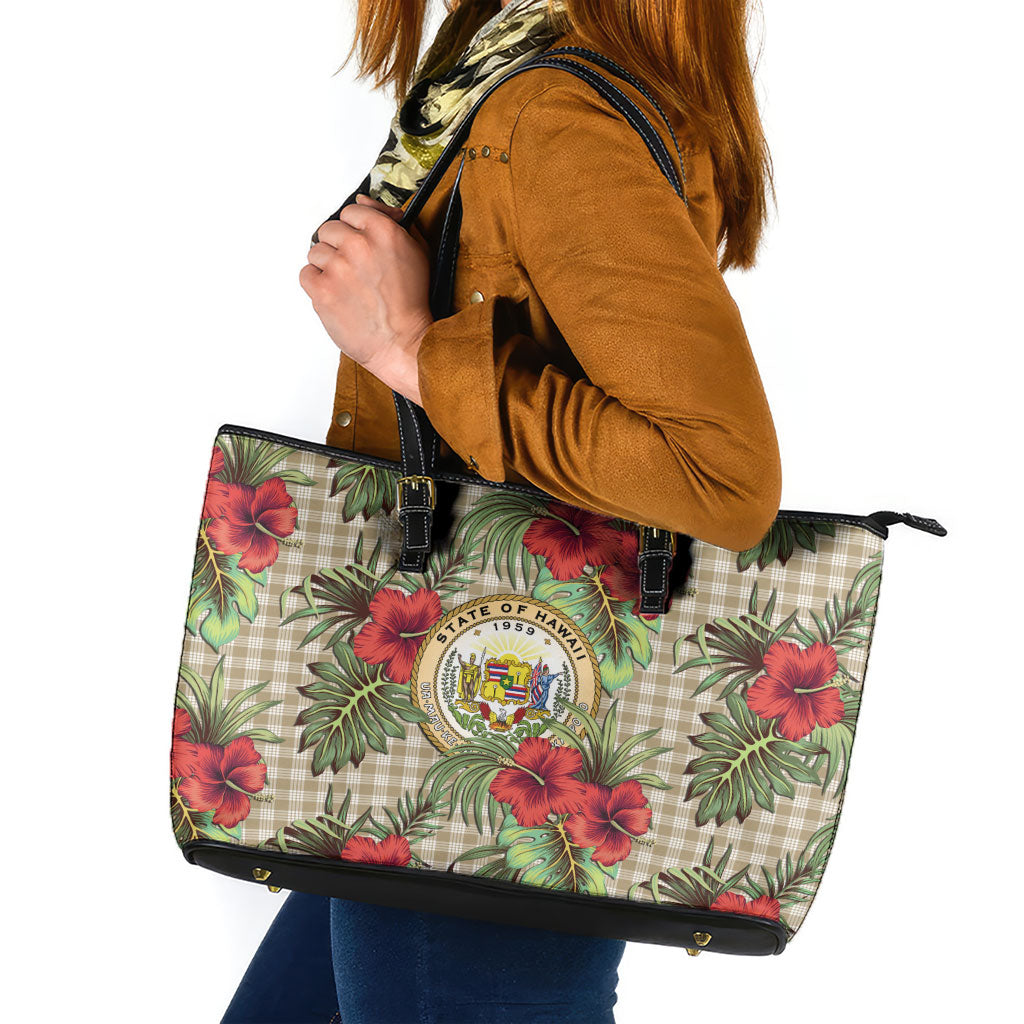 Vintage Hawaii Hibiscus Palaka Leather Tote Bag Khaki Color LT19 Khaki - Polynesian Pride