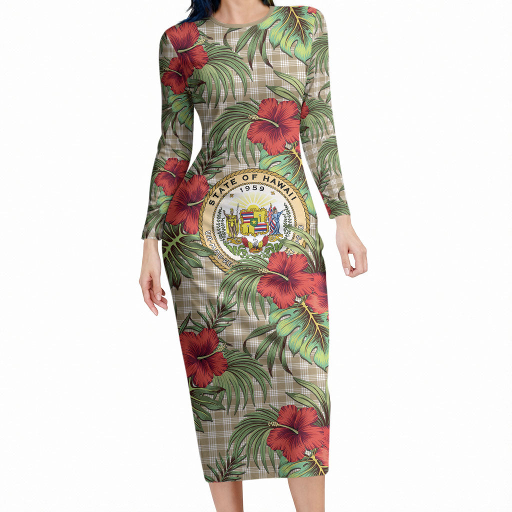 Vintage Hawaii Hibiscus Palaka Long Sleeve Bodycon Dress Khaki Color LT19 Long Dress Khaki - Polynesian Pride