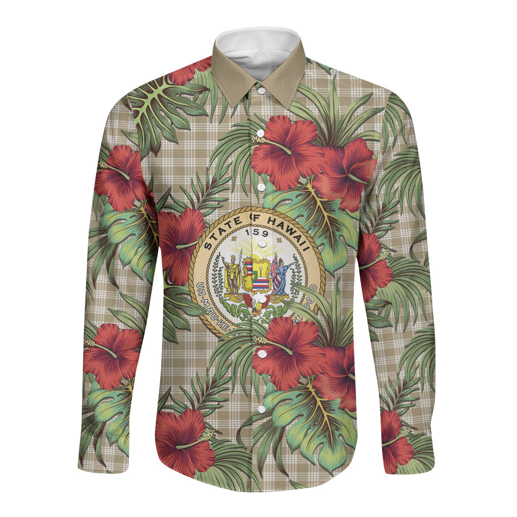 Vintage Hawaii Hibiscus Palaka Long Sleeve Button Shirt Khaki Color LT19 Unisex Khaki - Polynesian Pride