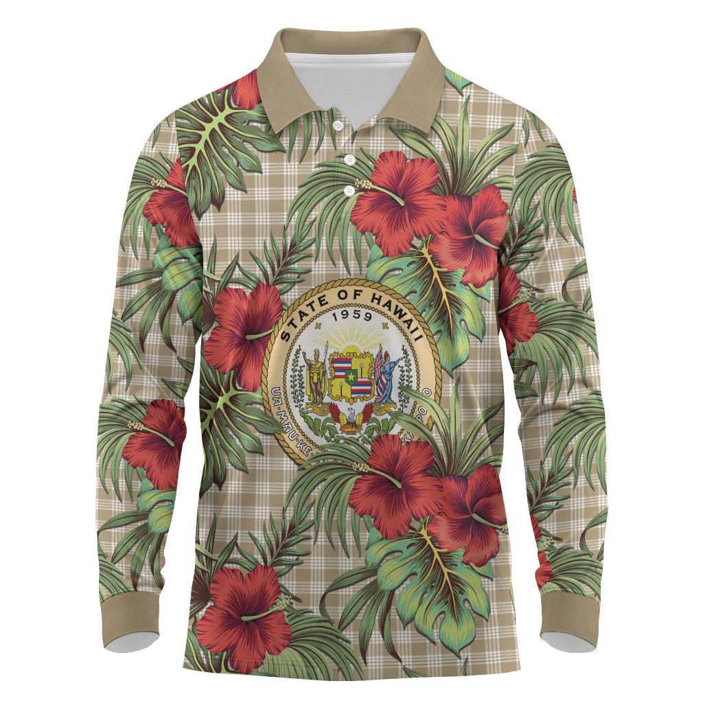 Vintage Hawaii Hibiscus Palaka Long Sleeve Polo Shirt Khaki Color LT19 Khaki - Polynesian Pride