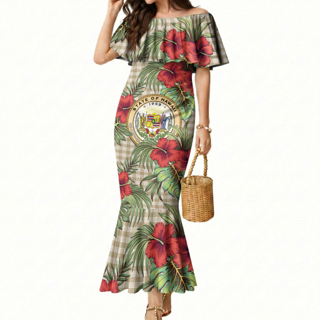 Vintage Hawaii Hibiscus Palaka Mermaid Dress Khaki Color LT19 Women Khaki - Polynesian Pride