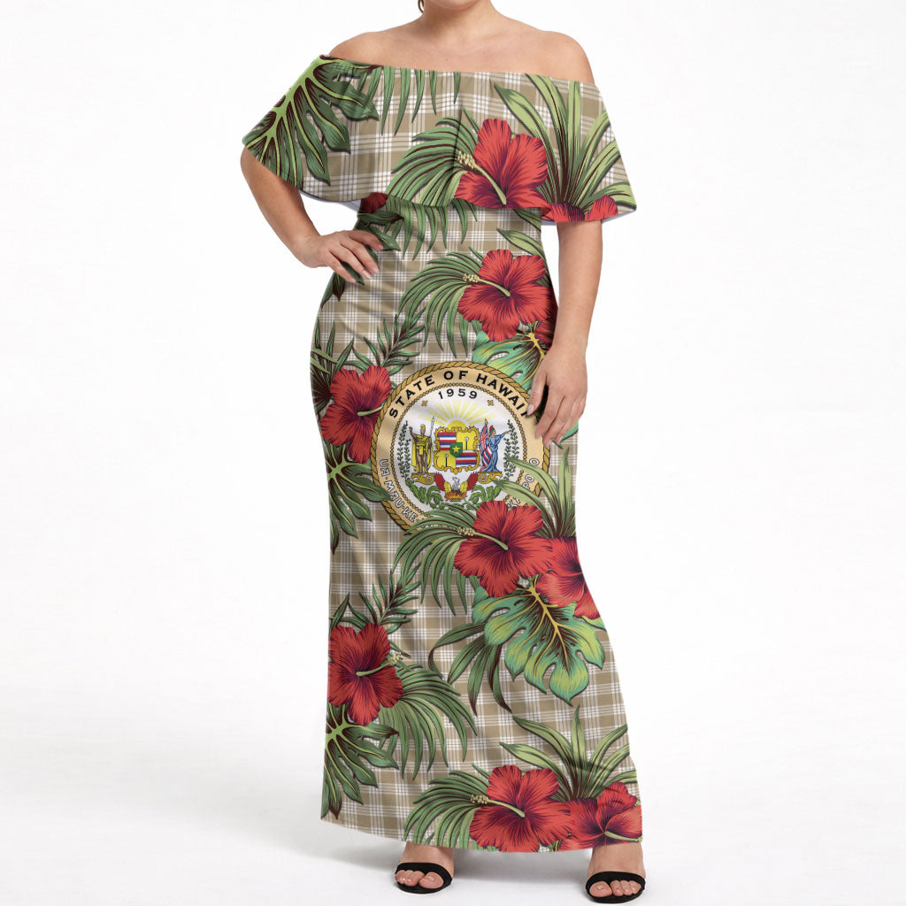 Vintage Hawaii Hibiscus Palaka Off Shoulder Maxi Dress Khaki Color LT19 Women Khaki - Polynesian Pride