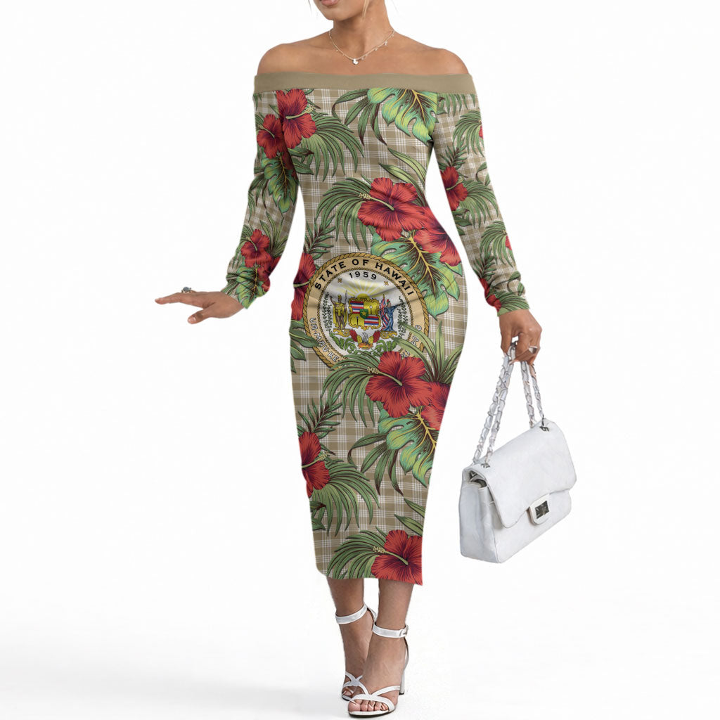 Vintage Hawaii Hibiscus Palaka Off The Shoulder Long Sleeve Dress Khaki Color LT19 Women Khaki - Polynesian Pride