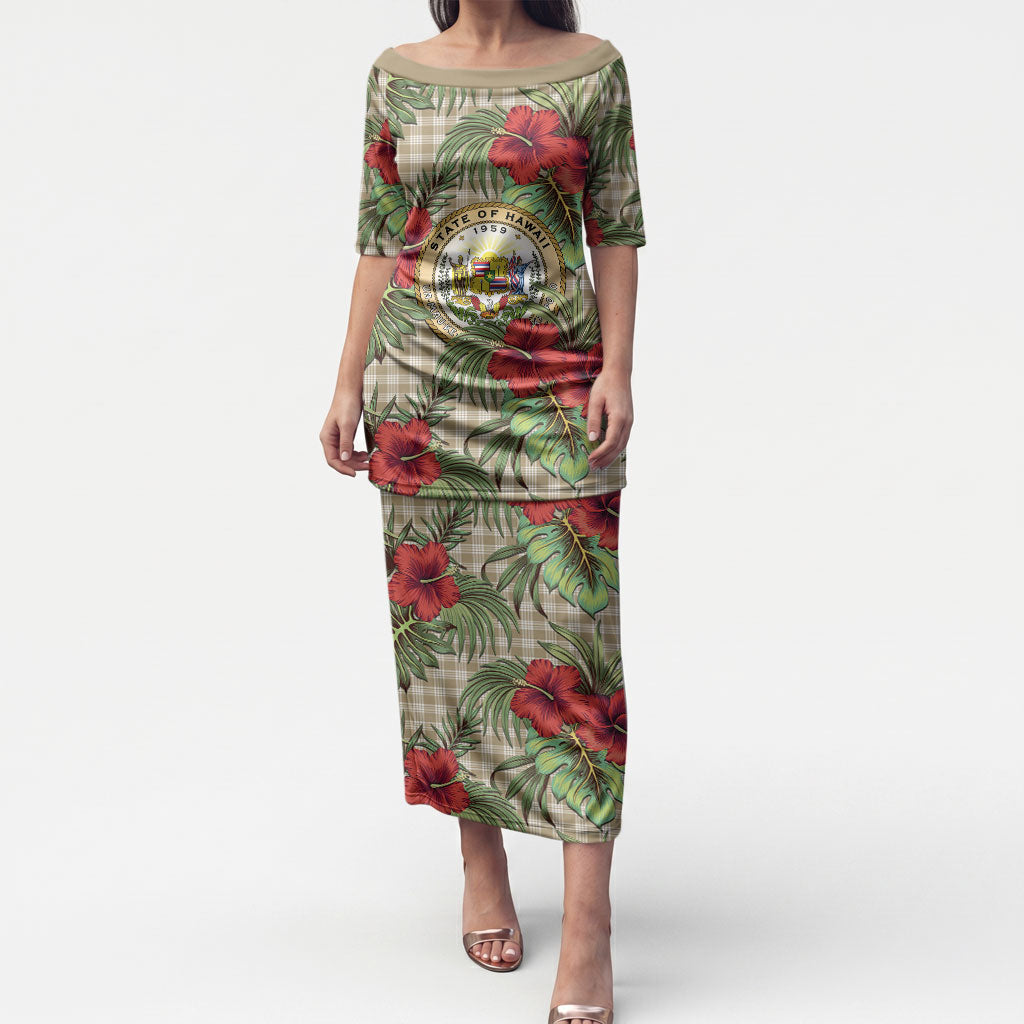Vintage Hawaii Hibiscus Palaka Puletasi Khaki Color LT19 Long Dress Khaki - Polynesian Pride