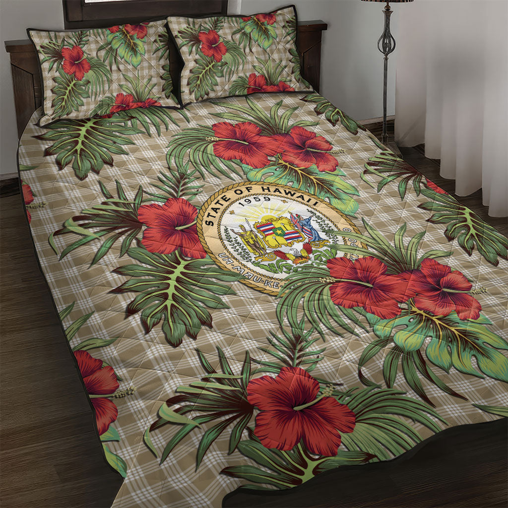 Vintage Hawaii Hibiscus Palaka Quilt Bed Set Khaki Color LT19 Khaki - Polynesian Pride