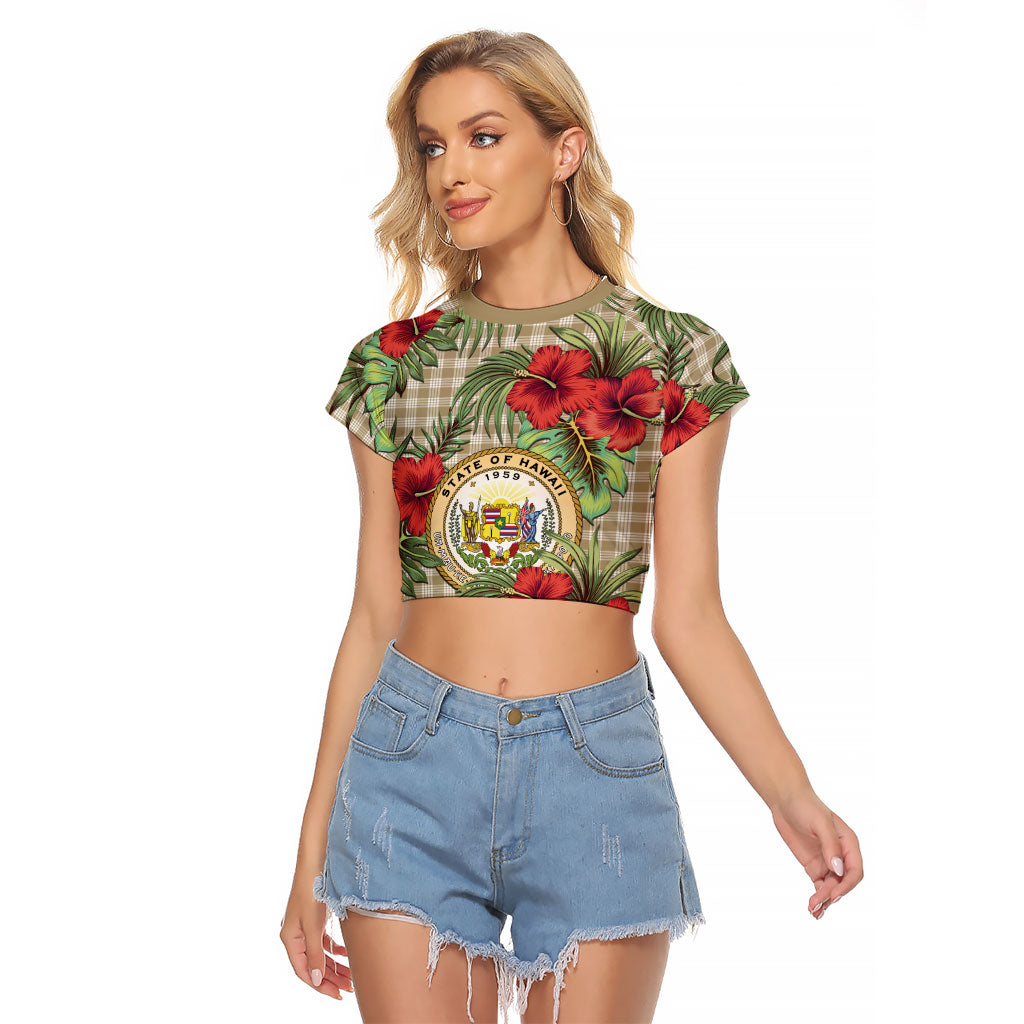 Vintage Hawaii Hibiscus Palaka Raglan Cropped T Shirt Khaki Color LT19 Female Khaki - Polynesian Pride