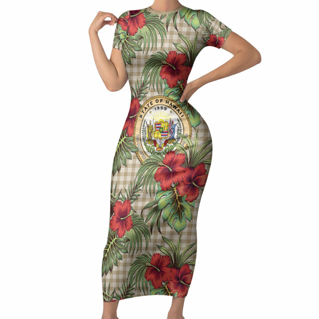 Vintage Hawaii Hibiscus Palaka Short Sleeve Bodycon Dress Khaki Color LT19 Long Dress Khaki - Polynesian Pride