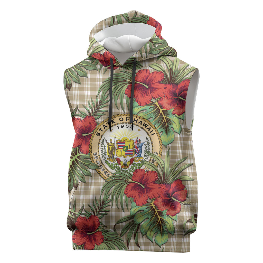 Vintage Hawaii Hibiscus Palaka Sleeveless Hoodie Khaki Color LT19 Khaki - Polynesian Pride