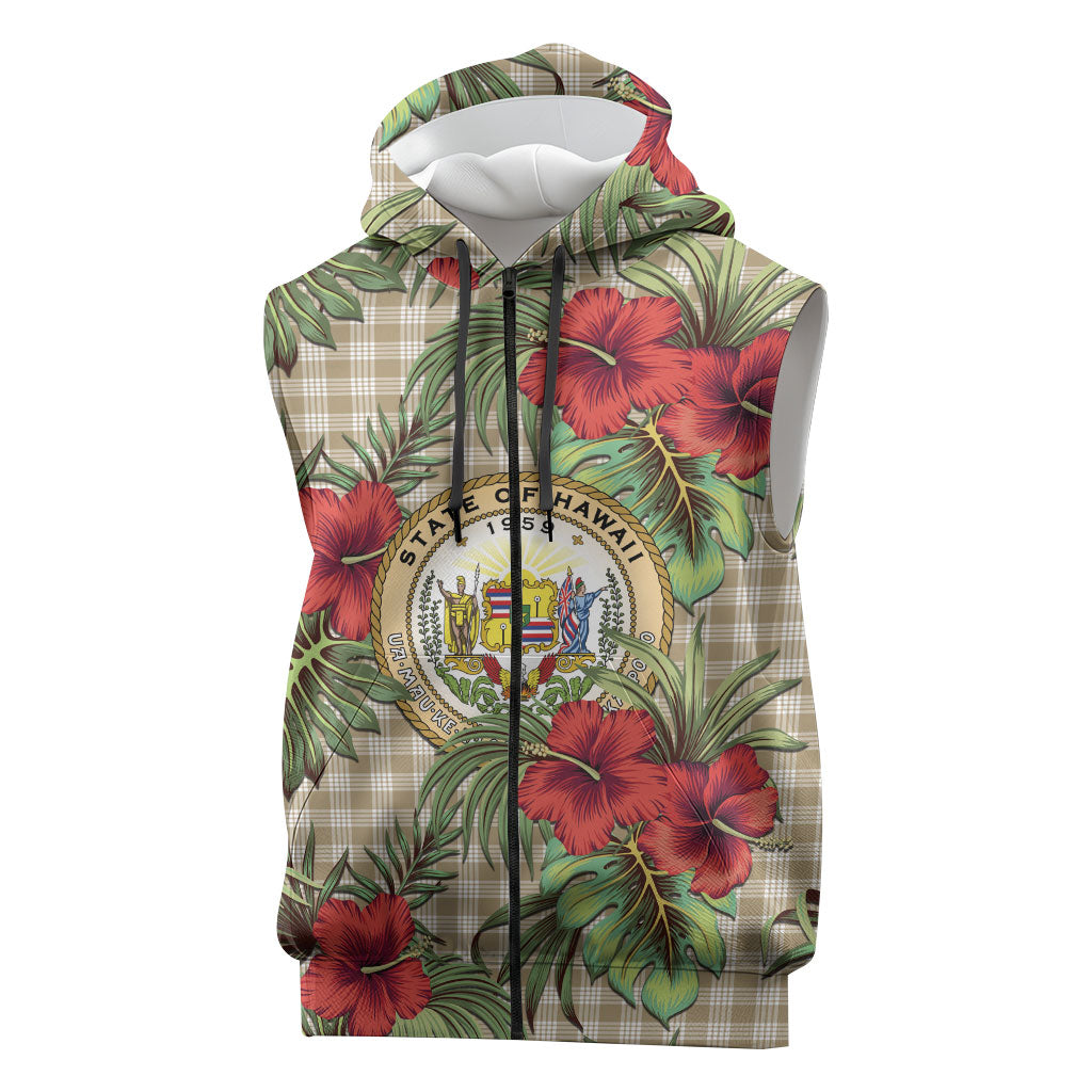 Vintage Hawaii Hibiscus Palaka Sleeveless Zip Hoodie Khaki Color LT19 Khaki - Polynesian Pride