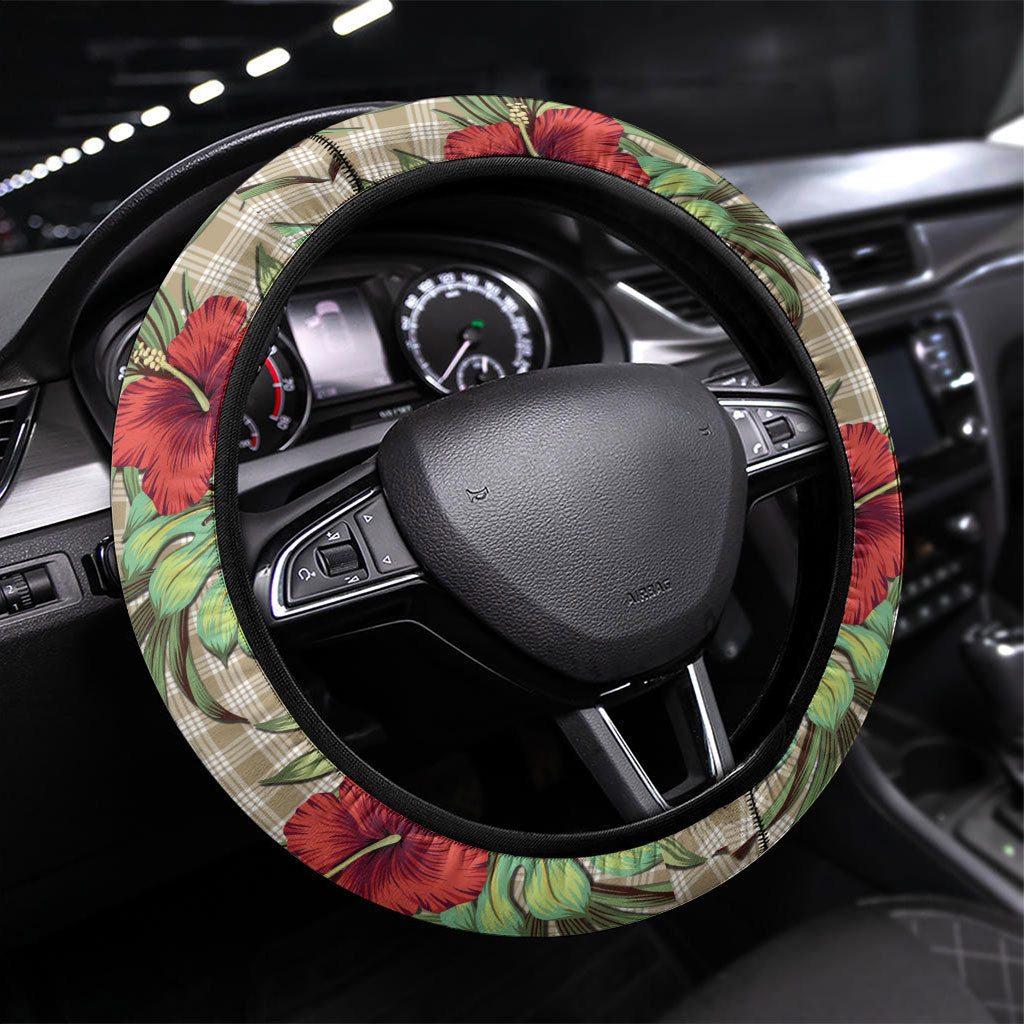 Vintage Hawaii Hibiscus Palaka Steering Wheel Cover Khaki Color LT19 Universal Fit Khaki - Polynesian Pride