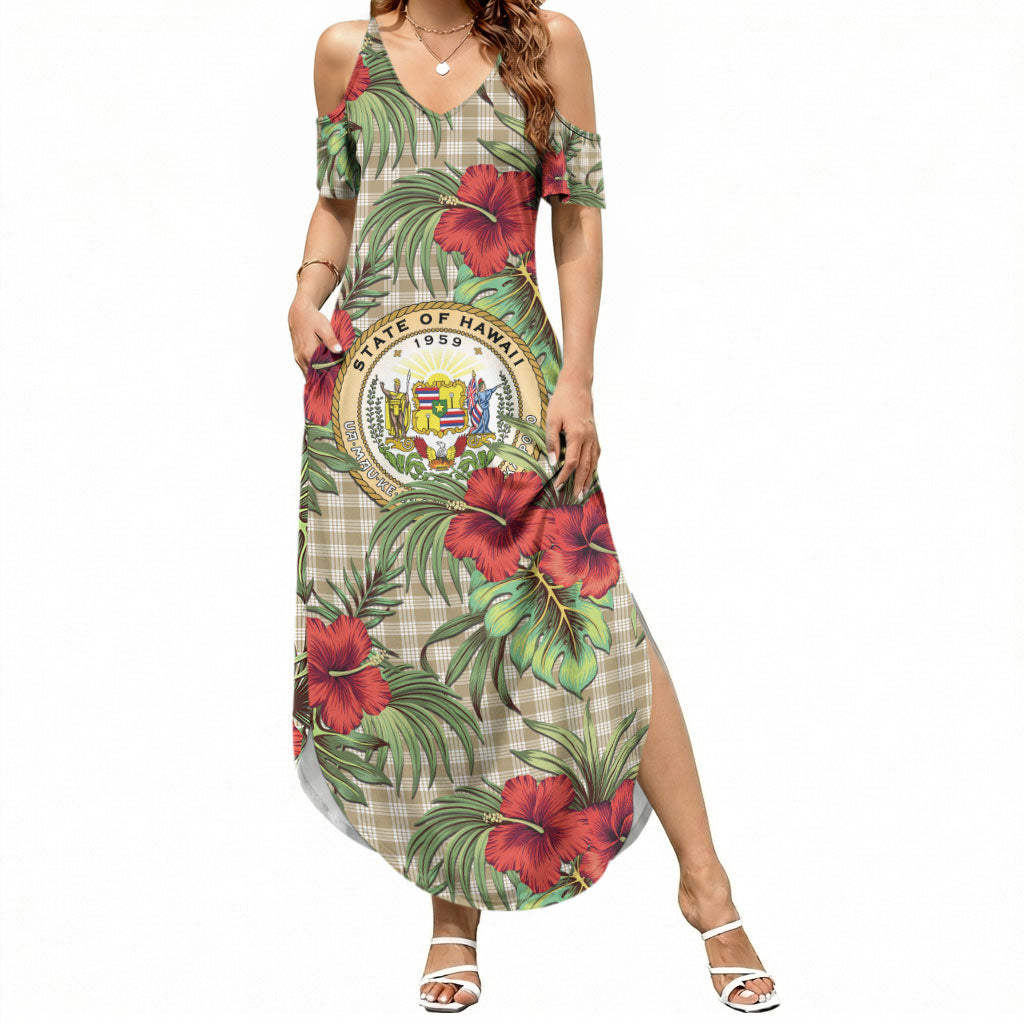 Vintage Hawaii Hibiscus Palaka Summer Maxi Dress Khaki Color LT19 Women Khaki - Polynesian Pride