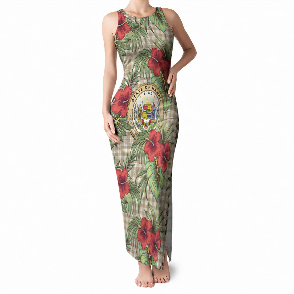 Vintage Hawaii Hibiscus Palaka Tank Maxi Dress Khaki Color LT19 Women Khaki - Polynesian Pride