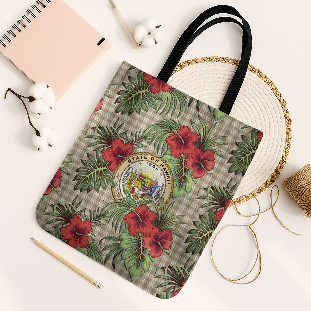 Vintage Hawaii Hibiscus Palaka Tote Bag Khaki Color LT19 Black Strap One Size Khaki - Polynesian Pride