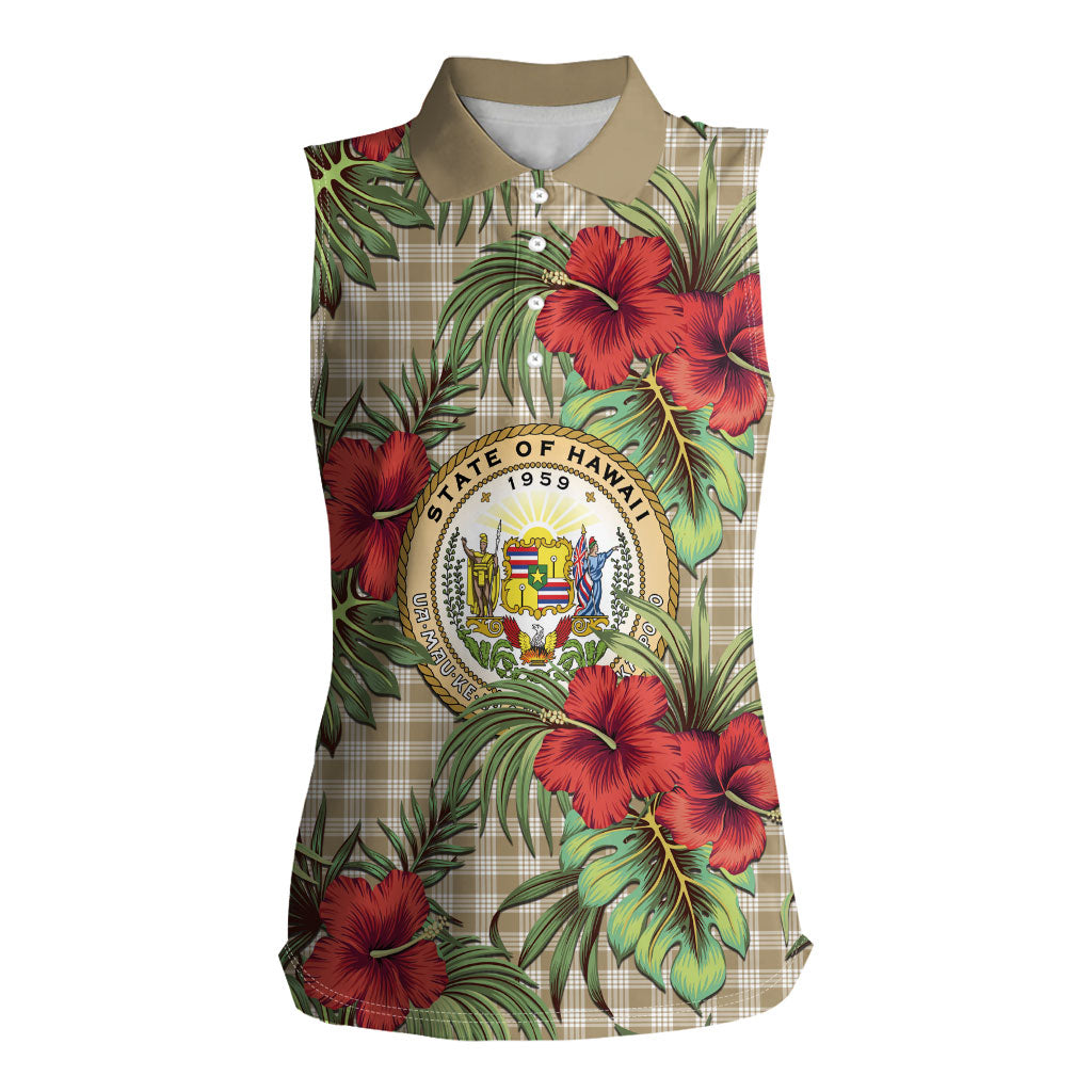 Vintage Hawaii Hibiscus Palaka Women Sleeveless Polo Shirt Khaki Color LT19 Female Khaki - Polynesian Pride