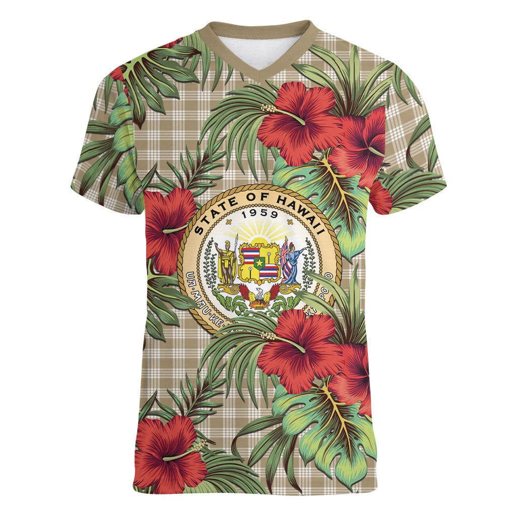 Vintage Hawaii Hibiscus Palaka Women V-Neck T-Shirt Khaki Color LT19 Female Khaki - Polynesian Pride