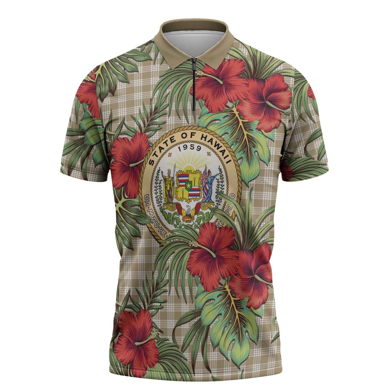 Vintage Hawaii Hibiscus Palaka Zipper Polo Shirt Khaki Color LT19 Khaki - Polynesian Pride