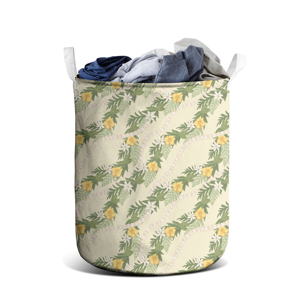 Hawaiian Pikake Maile Lei Laundry Basket Tiare Hibiscus Kalo Palapalai Leaf Beige