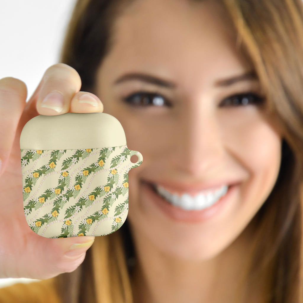 Hawaiian Pikake Maile Lei AirPods Case Tiare Hibiscus Kalo Palapalai Leaf Beige LT19 - Polynesian Pride
