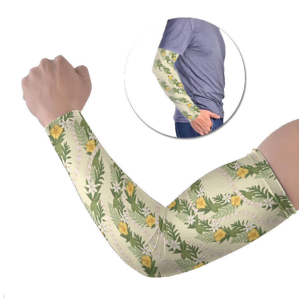 Hawaiian Pikake Maile Lei Arm Sleeves Tiare Hibiscus Kalo Palapalai Leaf Beige