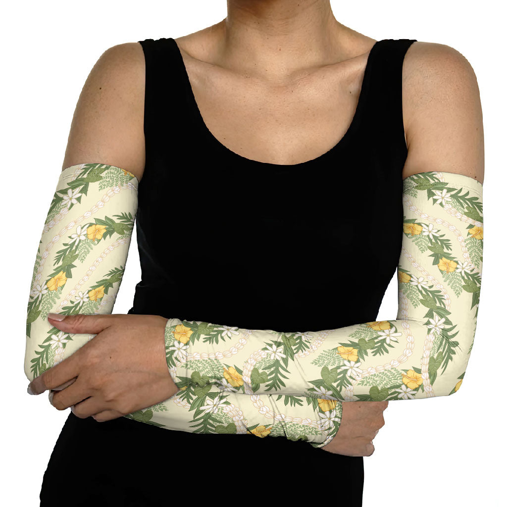 Hawaiian Pikake Maile Lei Arm Sleeves Tiare Hibiscus Kalo Palapalai Leaf Beige