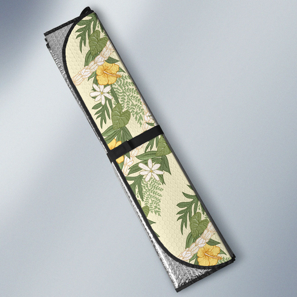Hawaiian Pikake Maile Lei Auto Sun Shade Tiare Hibiscus Kalo Palapalai Leaf Beige