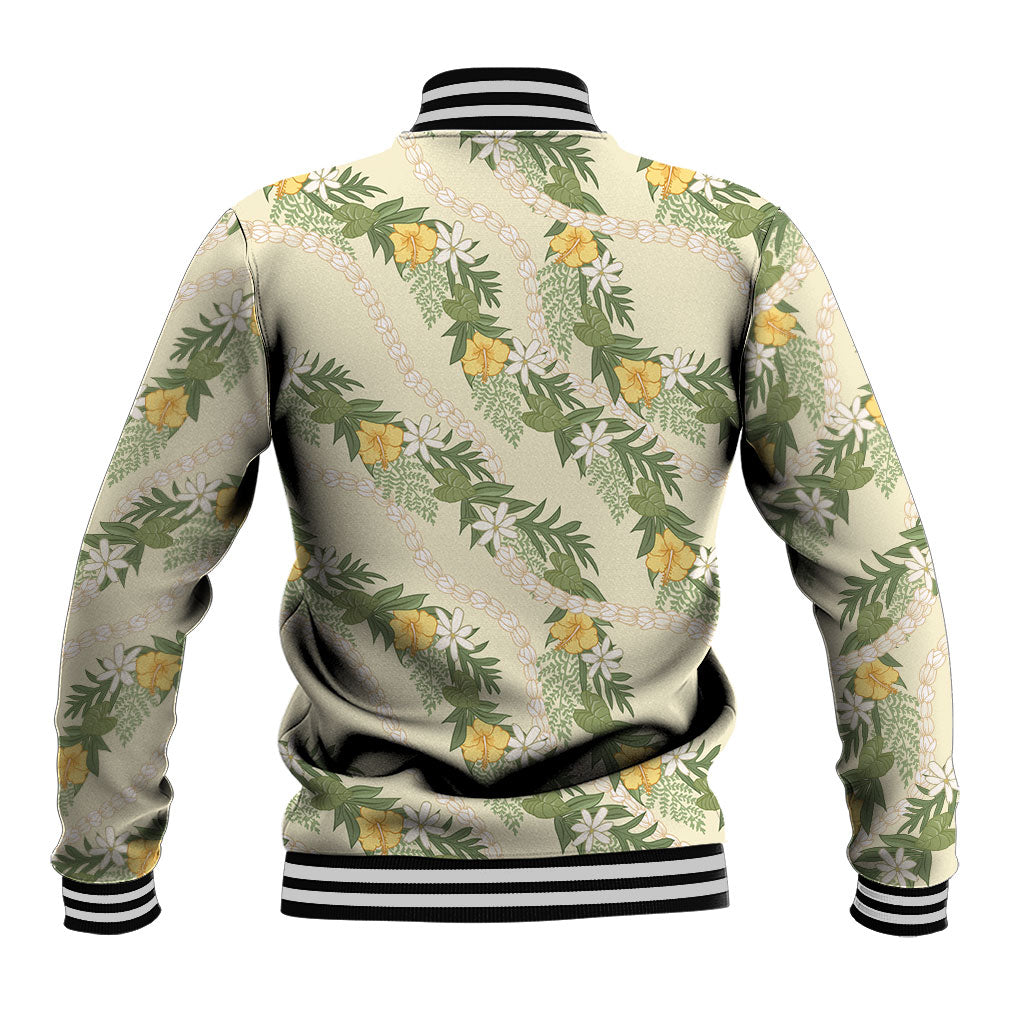 Hawaiian Pikake Maile Lei Baseball Jacket Tiare Hibiscus Kalo Palapalai Leaf Beige