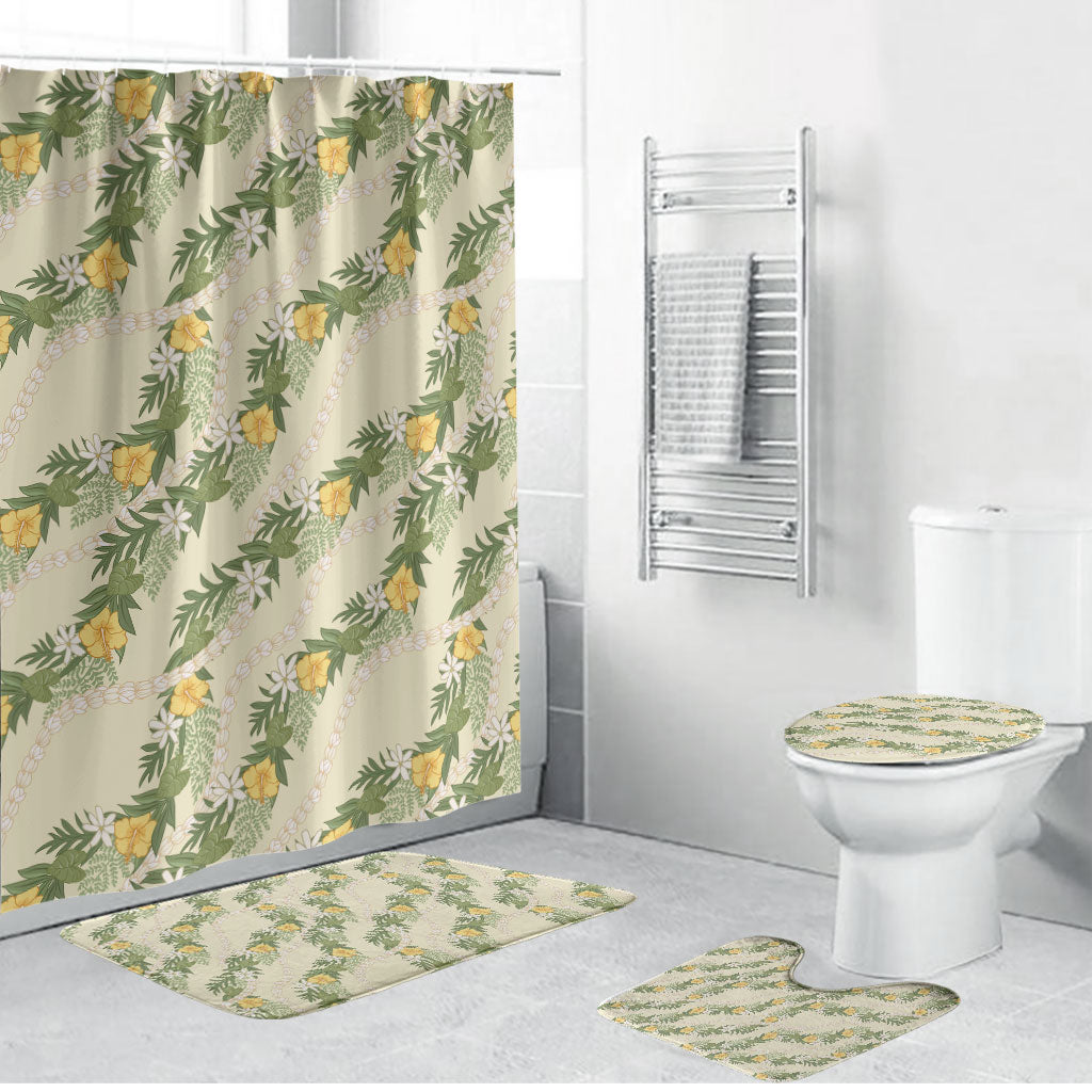 Hawaiian Pikake Maile Lei Bathroom Set Tiare Hibiscus Kalo Palapalai Leaf Beige