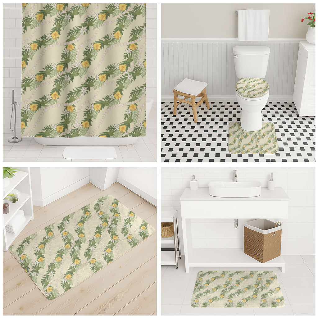 Hawaiian Pikake Maile Lei Bathroom Set Tiare Hibiscus Kalo Palapalai Leaf Beige